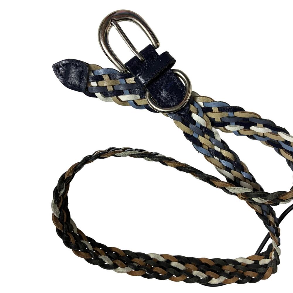 Braided Genuine Leather Belt Womens M/L Blue White Beige Navy 36” Guatamala Made